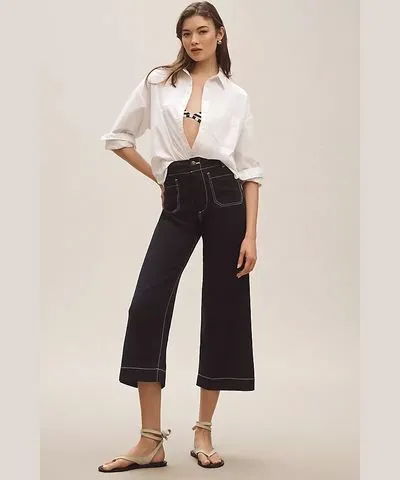 Maeve The Colette Cropped Wide-Leg Pants by Maeve: Contrast-Stitch Linen Edition