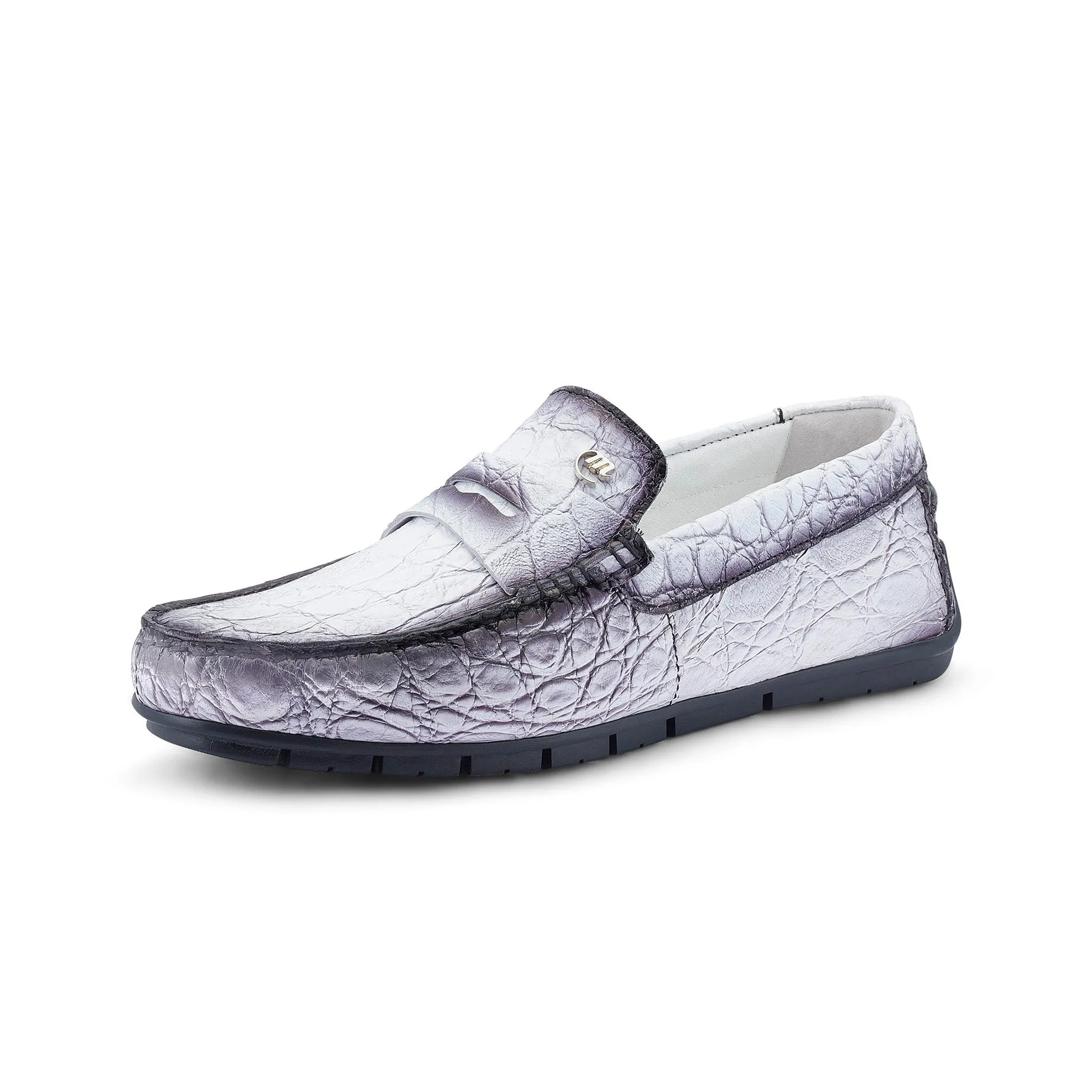 Mauri Sprinter 3517/1 Men's Shoes White with Dirty Black Finish Exotic Alligator Driver Moccasins Loafers (MA5528)