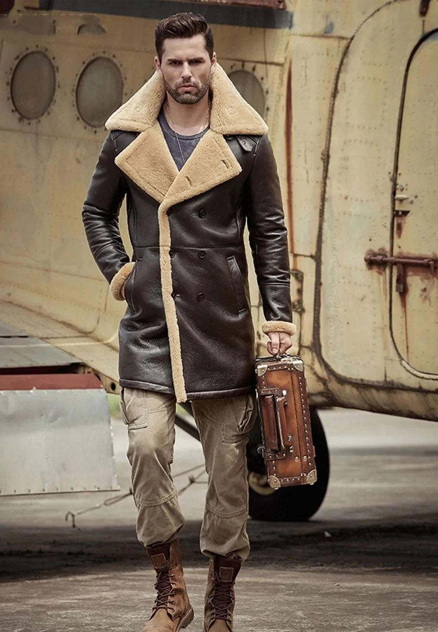 Men’s Dark Brown Leather Shearling Long Coat