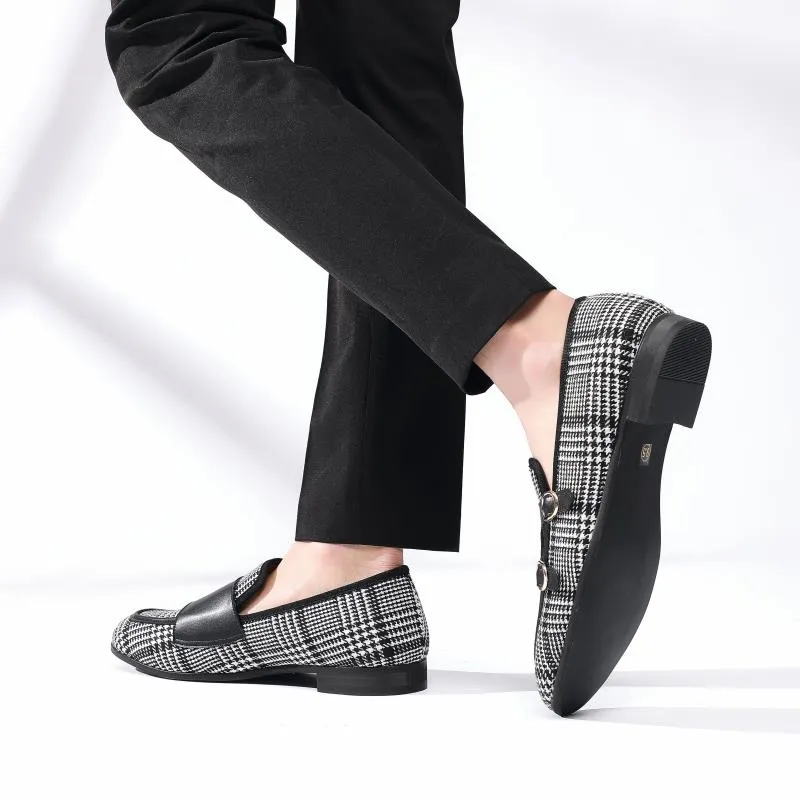 Men's Formal Wedding Party Gingham Pattern Breathable Canvas Loafers