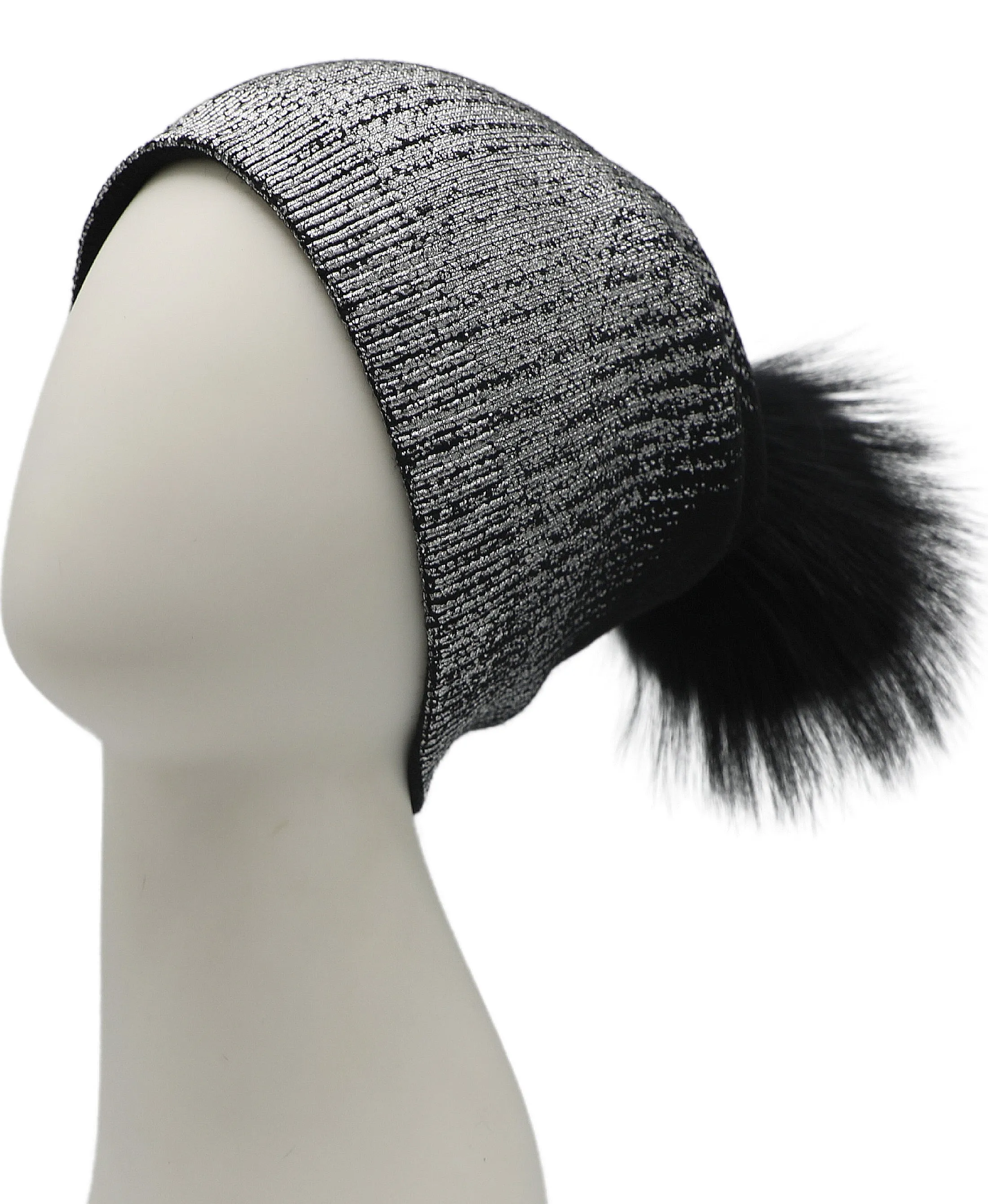 Metallic Knit Hat w/ Fur Pom