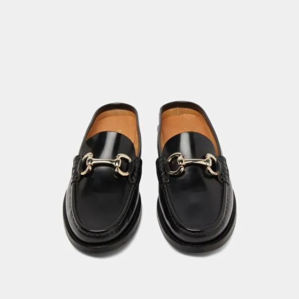 Moccasins with golden jaws in black shiny leather