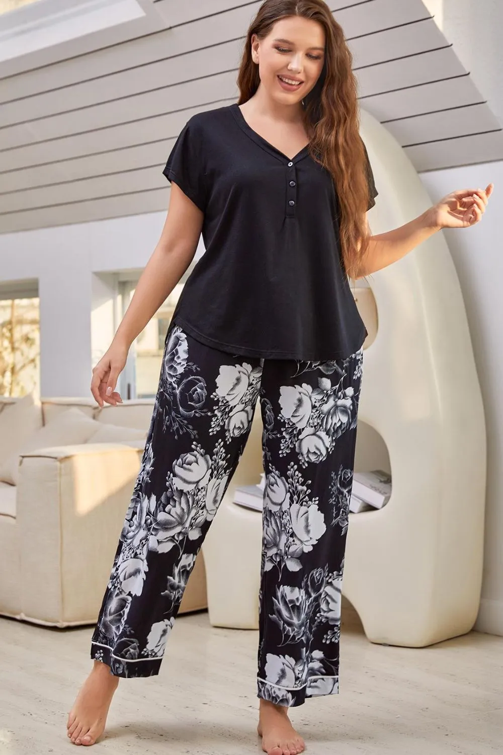 Monochromatic Floral Pants Lounge Set