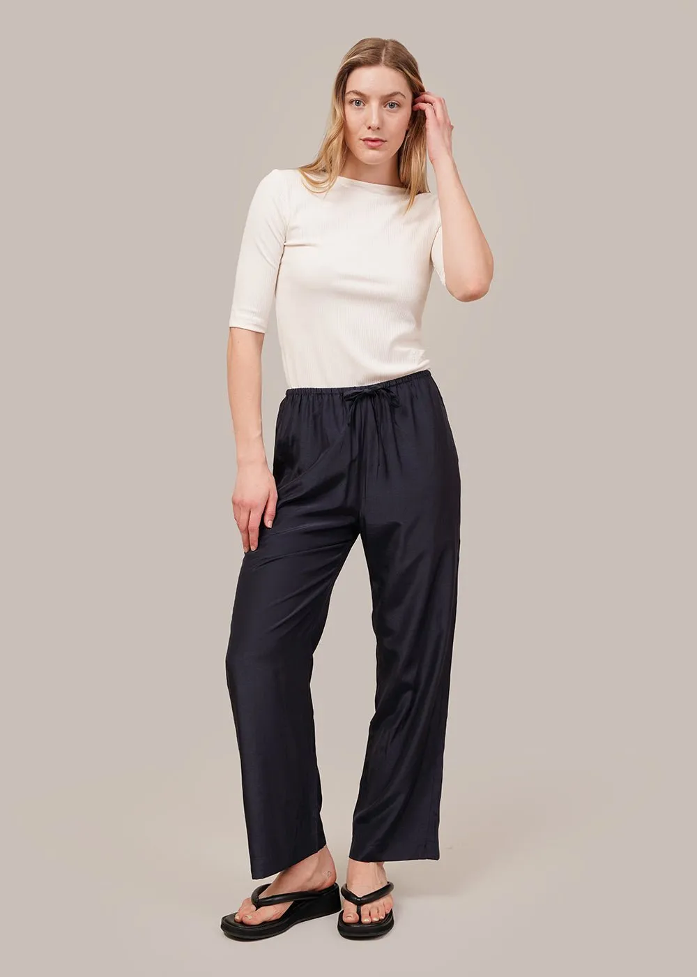 Navy Drawstring Wide Leg Pants