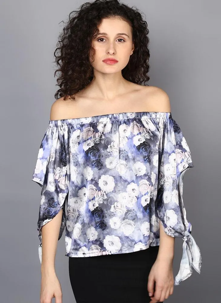 Off Shoulder Printed Satin Top  with Slit Sleeve