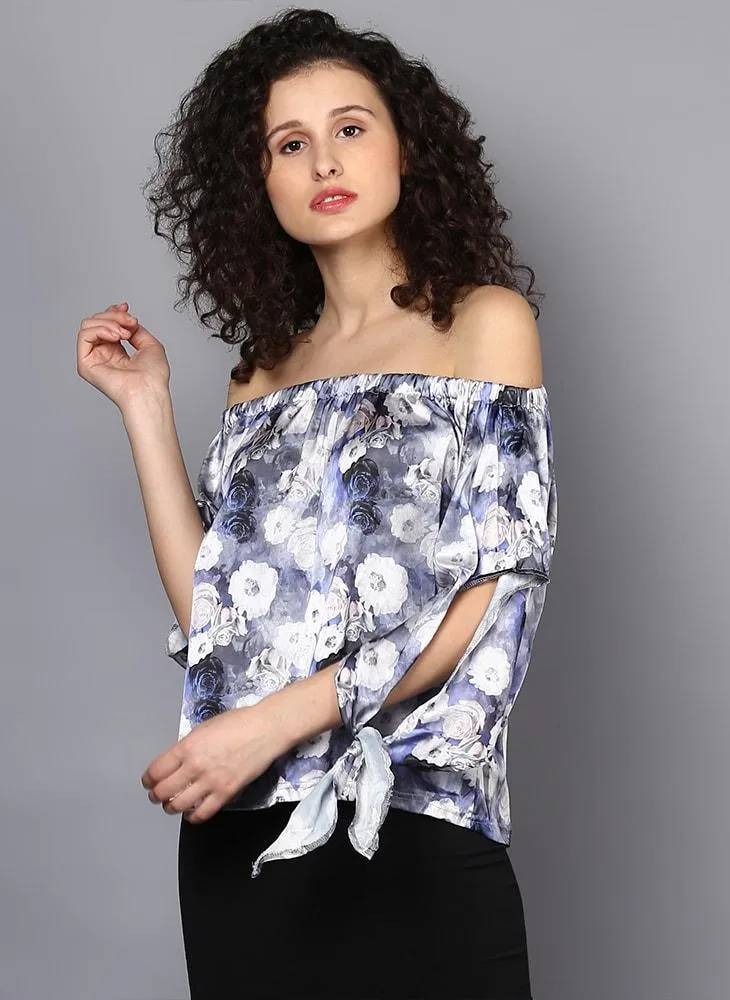 Off Shoulder Printed Satin Top  with Slit Sleeve