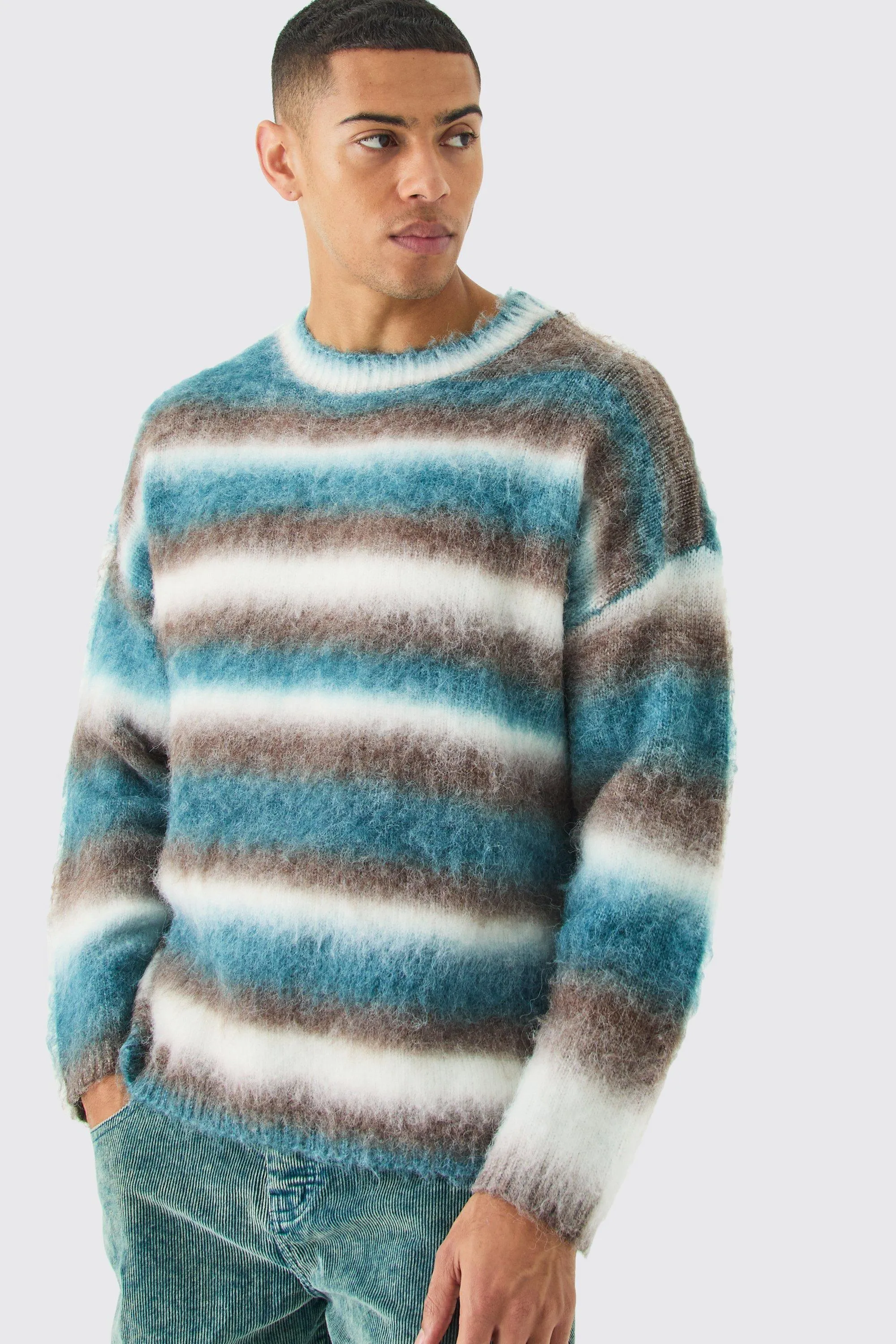 Regular Knitted Brushed Stripe Sweater In Brown