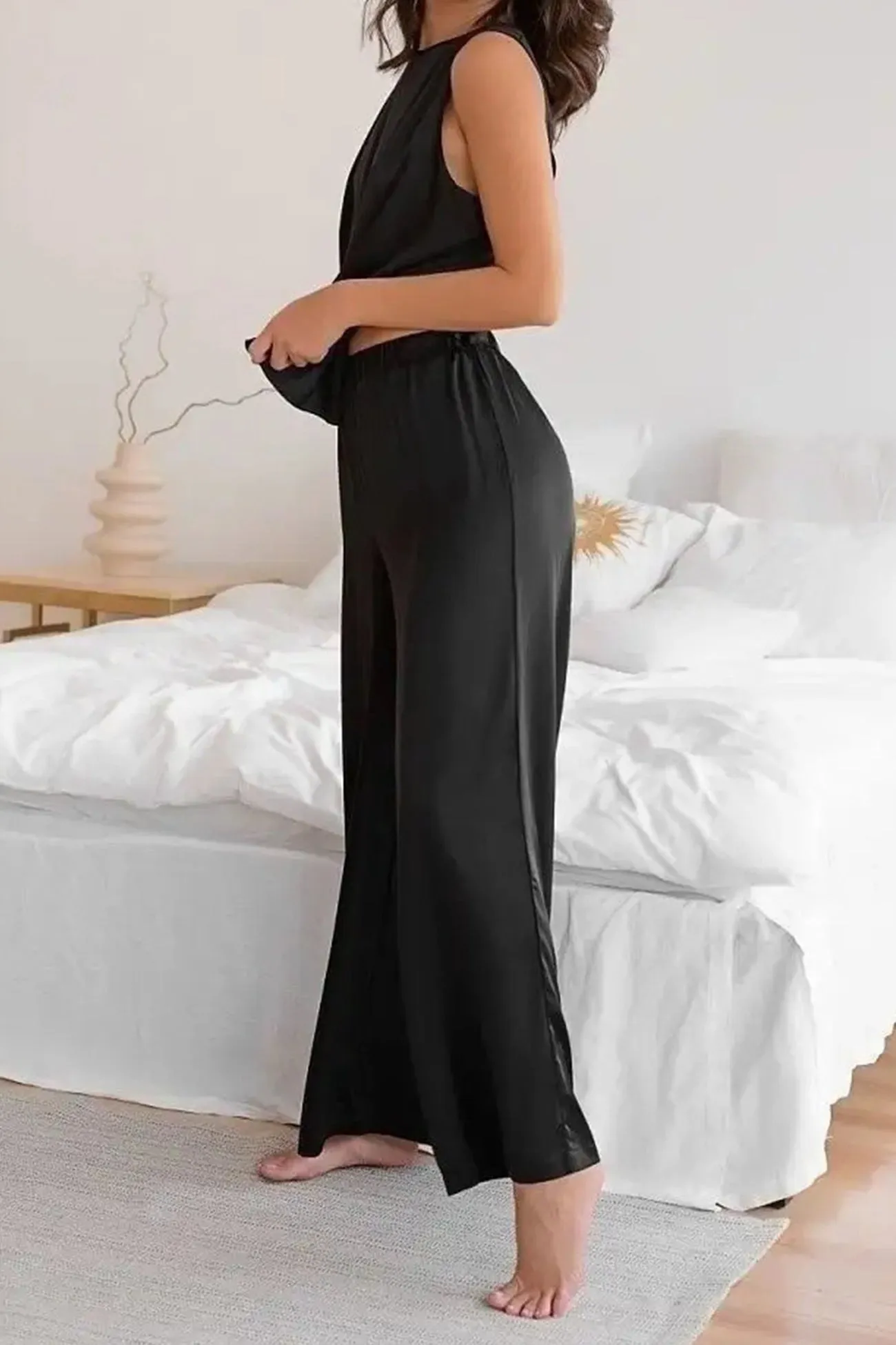 Satin Slit Tank Top Wide Leg Long Pants Set