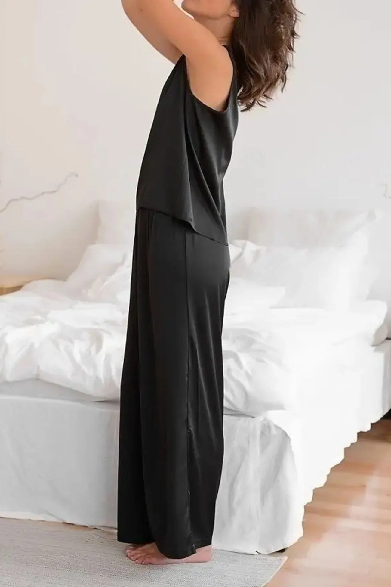 Satin Slit Tank Top Wide Leg Long Pants Set