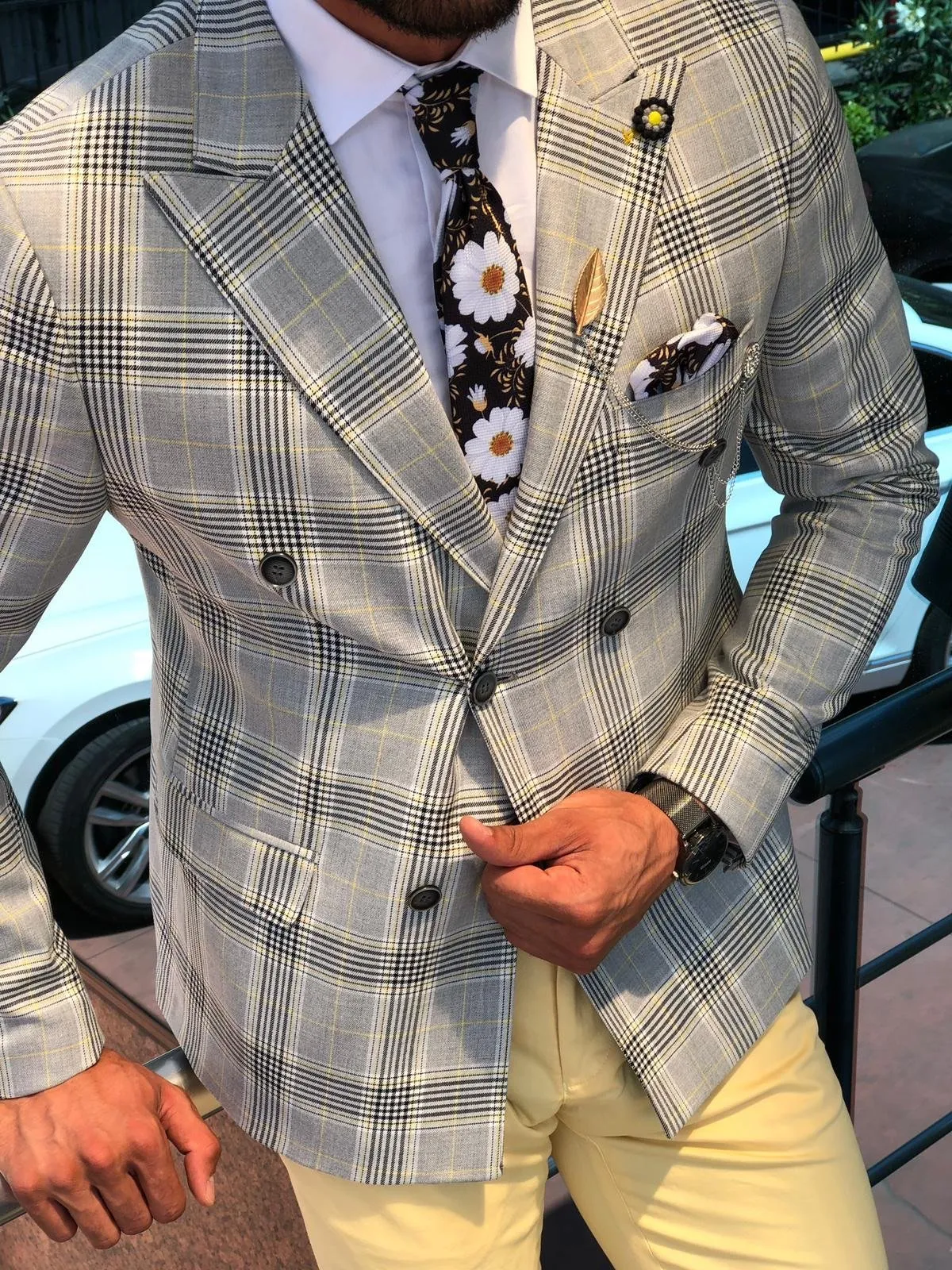 Slim-Fit Plaid  Double Breasted Jacket in Gray