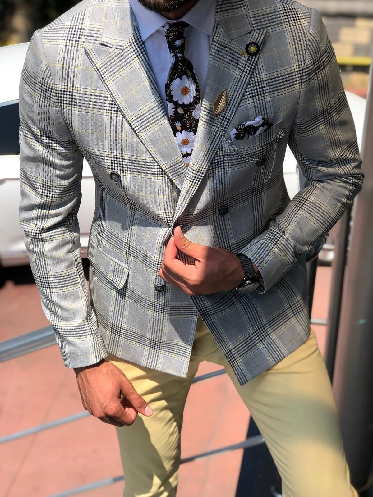 Slim-Fit Plaid  Double Breasted Jacket in Gray