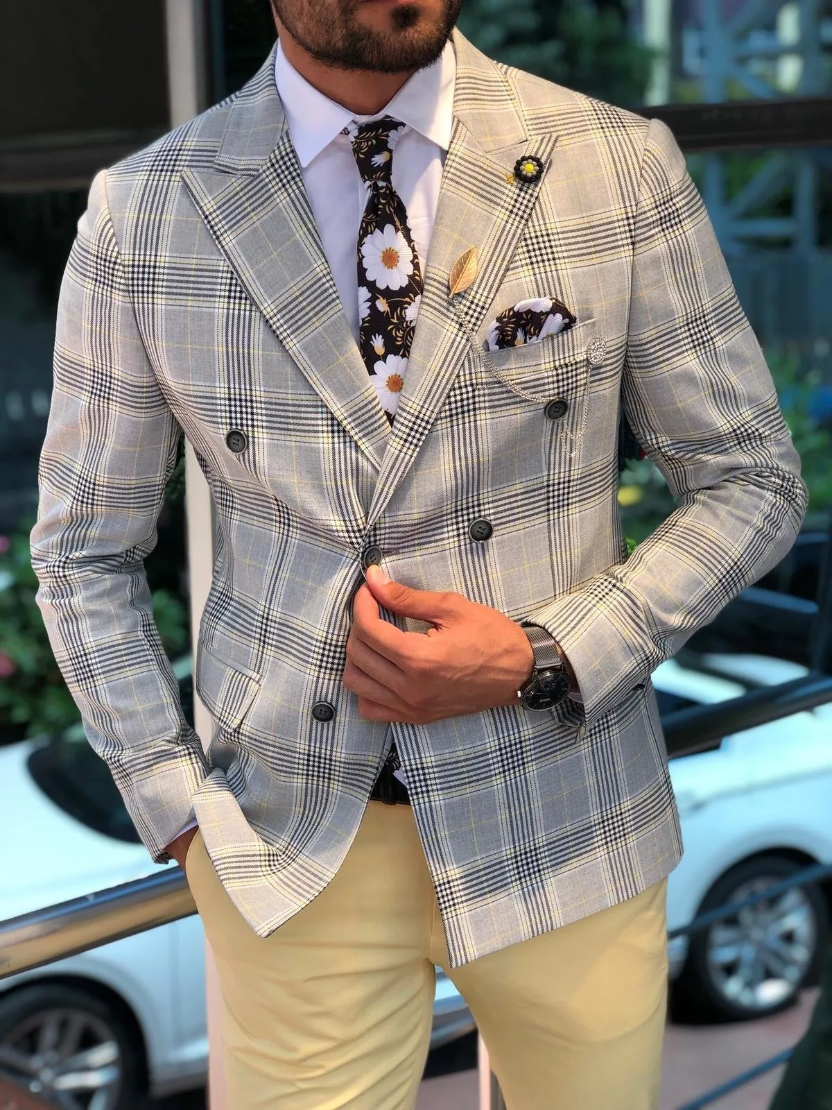 Slim-Fit Plaid  Double Breasted Jacket in Gray