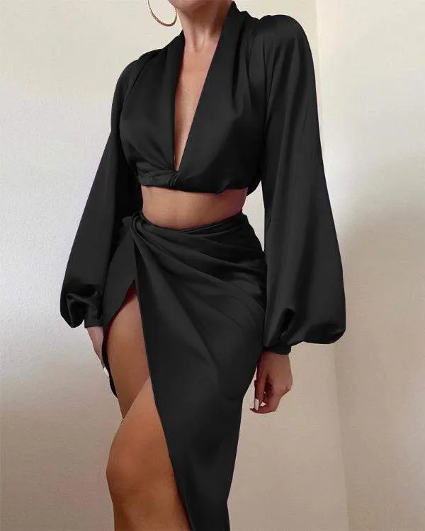 Solid Color Satin Crop Top Twist Skirt Set