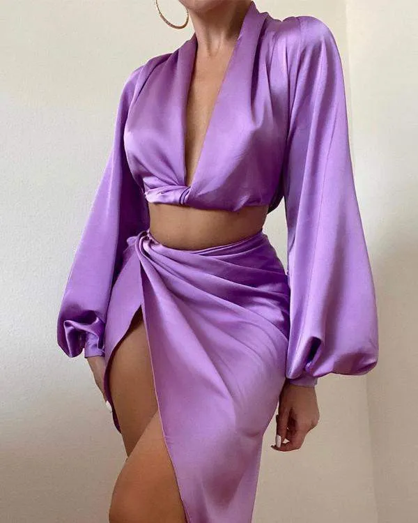 Solid Color Satin Crop Top Twist Skirt Set