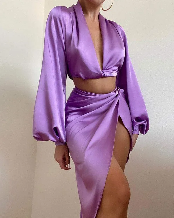 Solid Color Satin Crop Top Twist Skirt Set