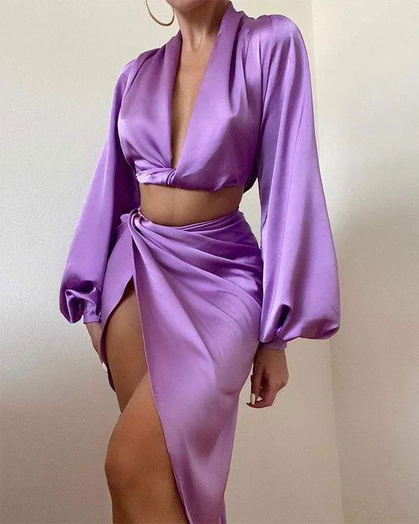 Solid Color Satin Crop Top Twist Skirt Set