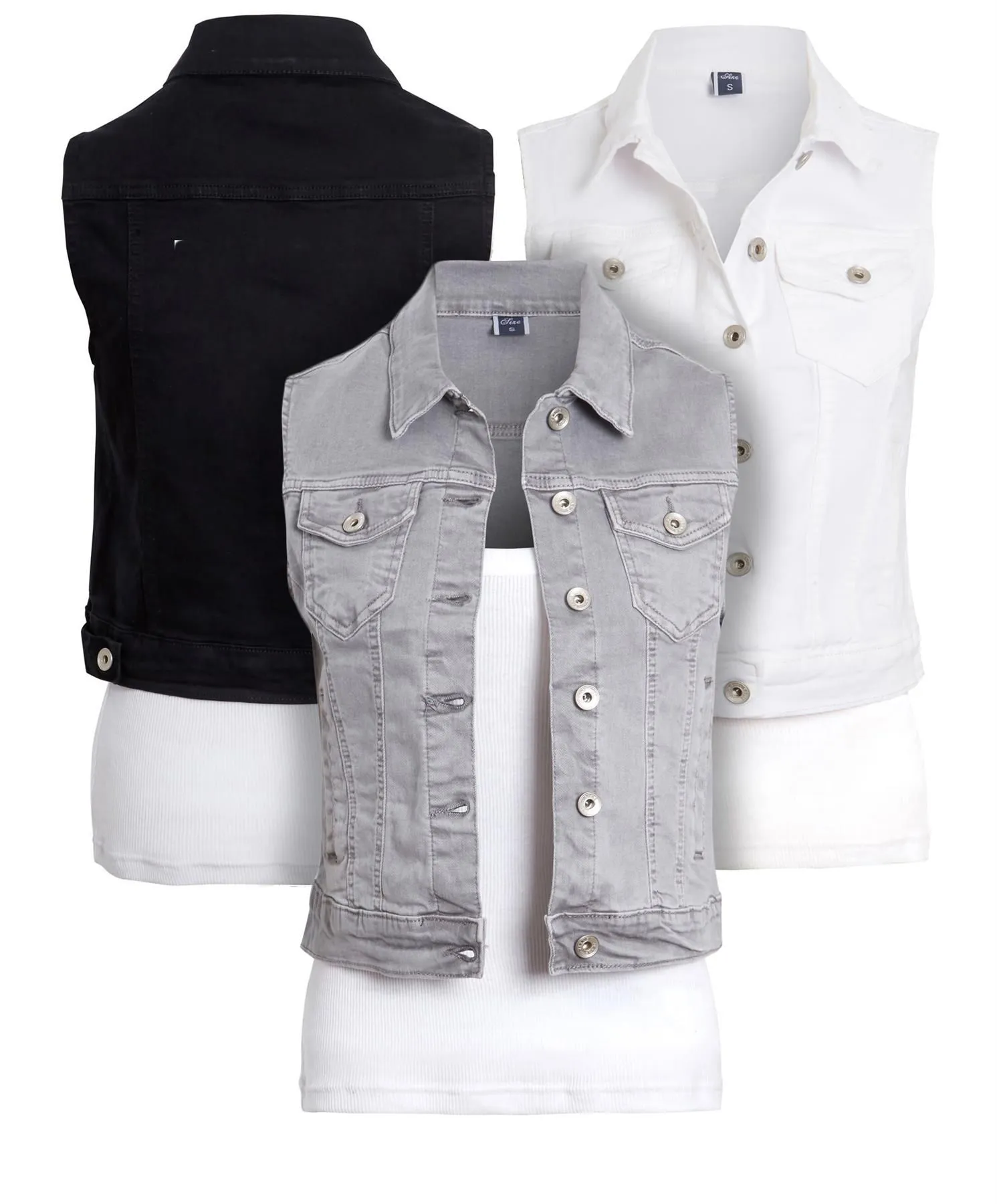 Stretch Denim Waistcoat Jacket, Grey, Black, White, UK Sizes 6 to 12