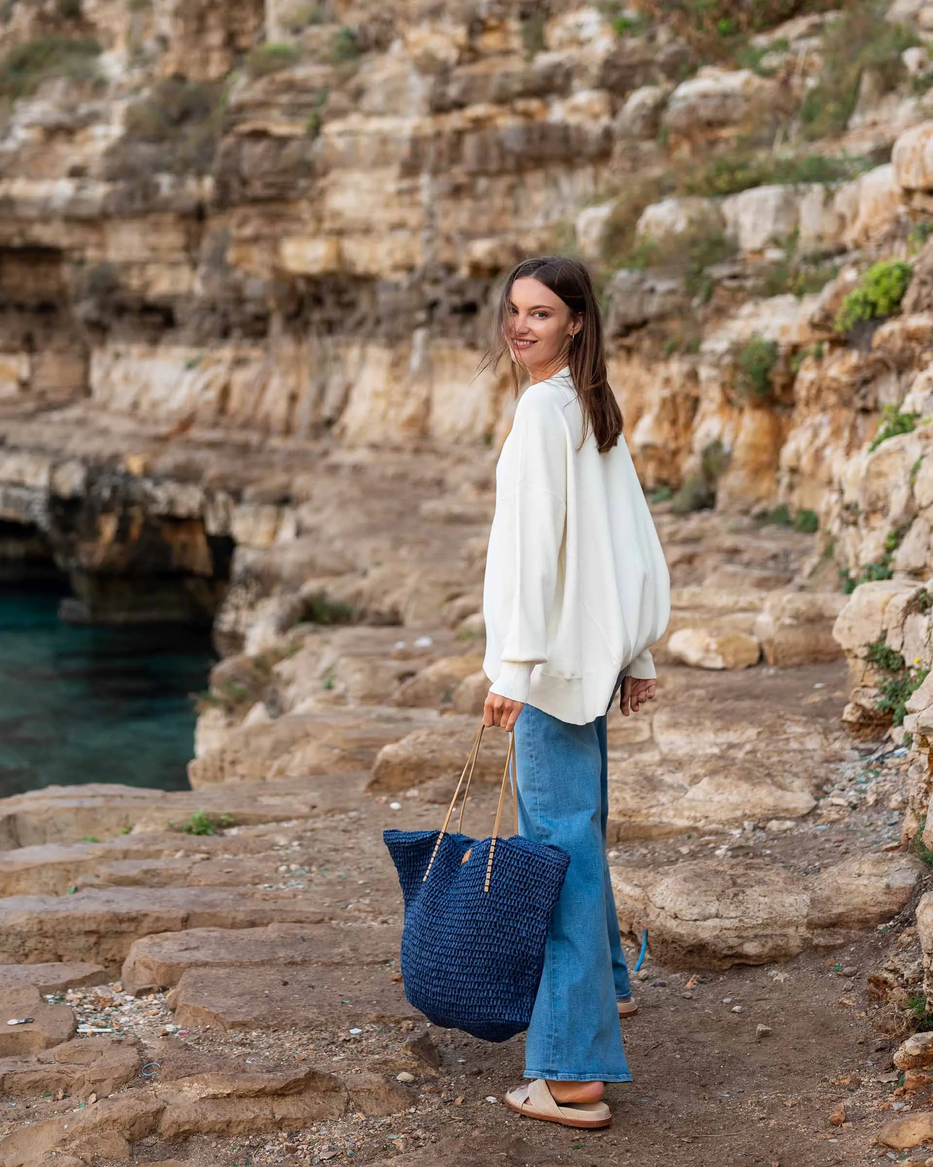 Sun Chaser Straw Tote - Navy