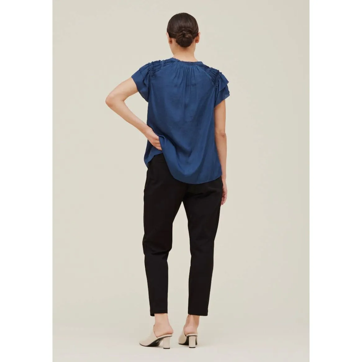 Tallulah Blue Ruffle Satin Sleeve Blouse Grade and Gather