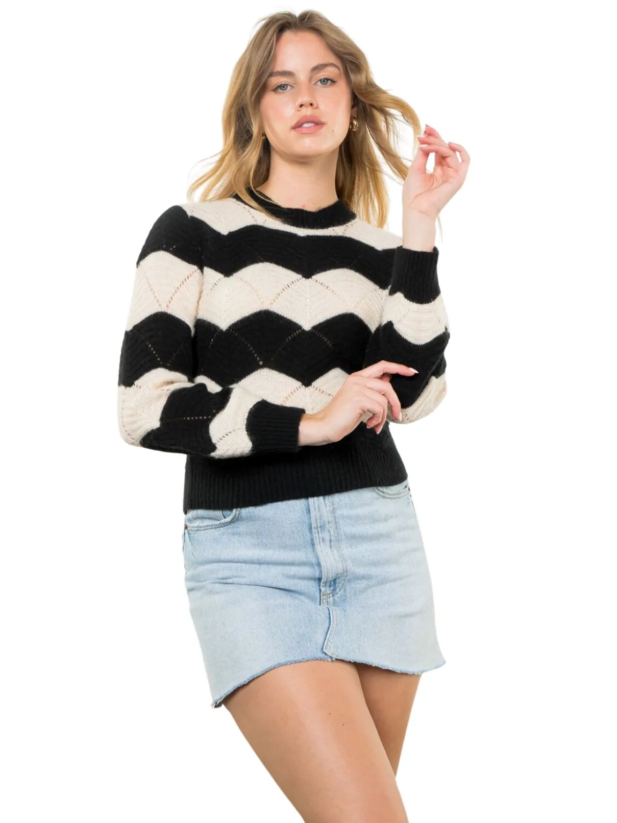 THML Cashmere Knit Stripe Sweater in Black