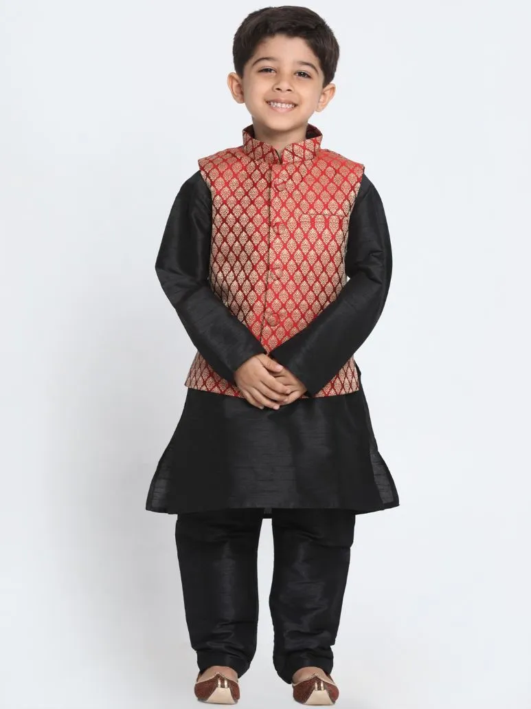 Vastramay Boys' Maroon Cotton Silk Blend Waistcoat, Black Kurta and Pyjama Set