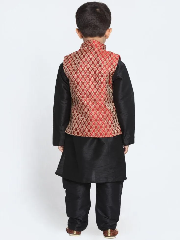 Vastramay Boys' Maroon Cotton Silk Blend Waistcoat, Black Kurta and Pyjama Set