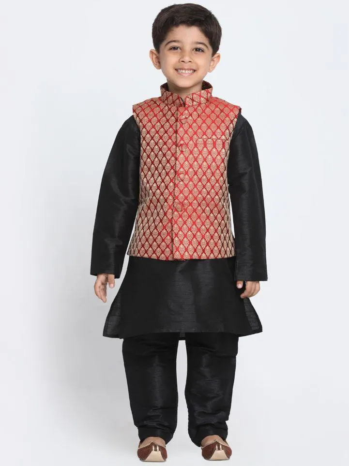 Vastramay Boys' Maroon Cotton Silk Blend Waistcoat, Black Kurta and Pyjama Set