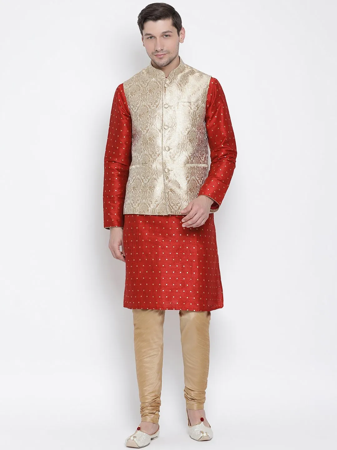 VASTRAMAY Men's Red Cotton Silk Blend Kurta, Ethnic Jacket and Pyjama Set