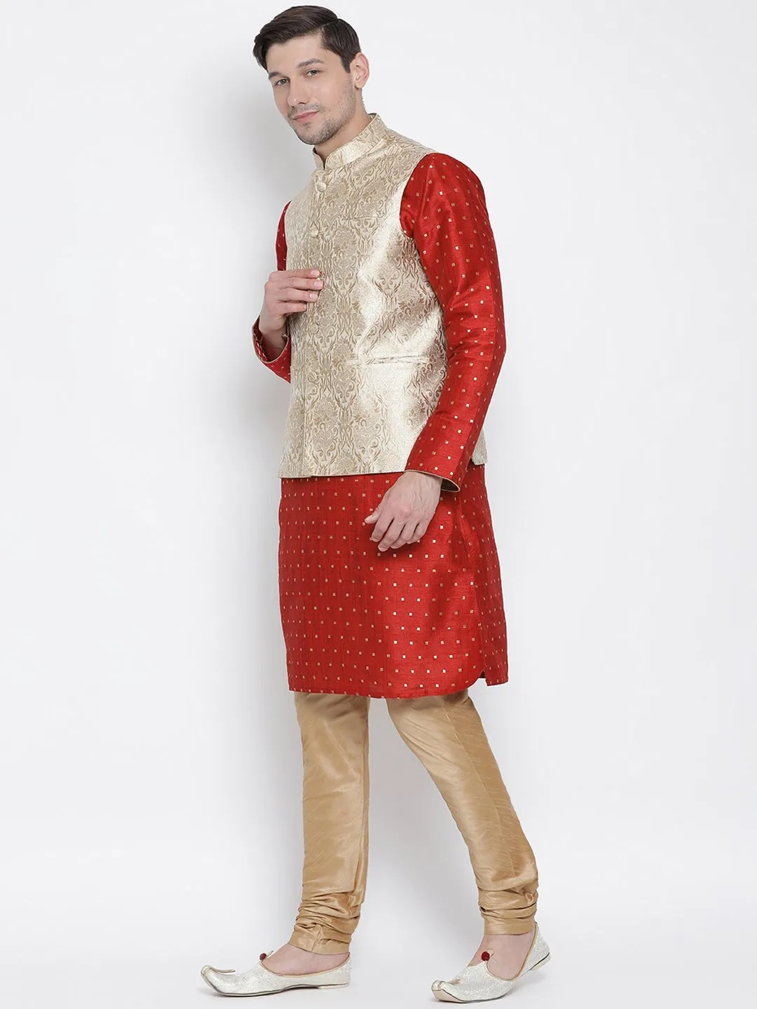 VASTRAMAY Men's Red Cotton Silk Blend Kurta, Ethnic Jacket and Pyjama Set