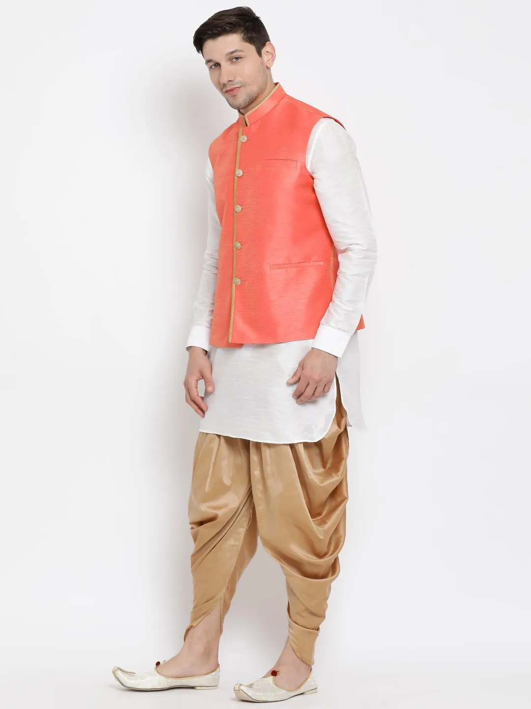 VASTRAMAY Men's White Cotton Silk Blend Ethnic Jacket, Kurta and Dhoti Pant Set