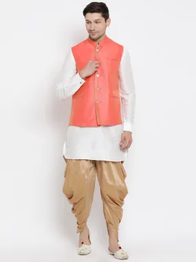 VASTRAMAY Men's White Cotton Silk Blend Ethnic Jacket, Kurta and Dhoti Pant Set