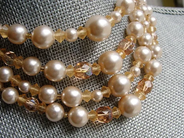 Vintage 50s Amazing Multi Strand Lustrous Pearl Bead and Pink Crystals Necklace For Bride Wedding Evening Wear High Quality Cost