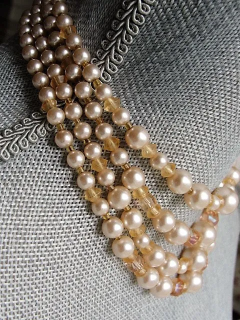 Vintage 50s Amazing Multi Strand Lustrous Pearl Bead and Pink Crystals Necklace For Bride Wedding Evening Wear High Quality Cost