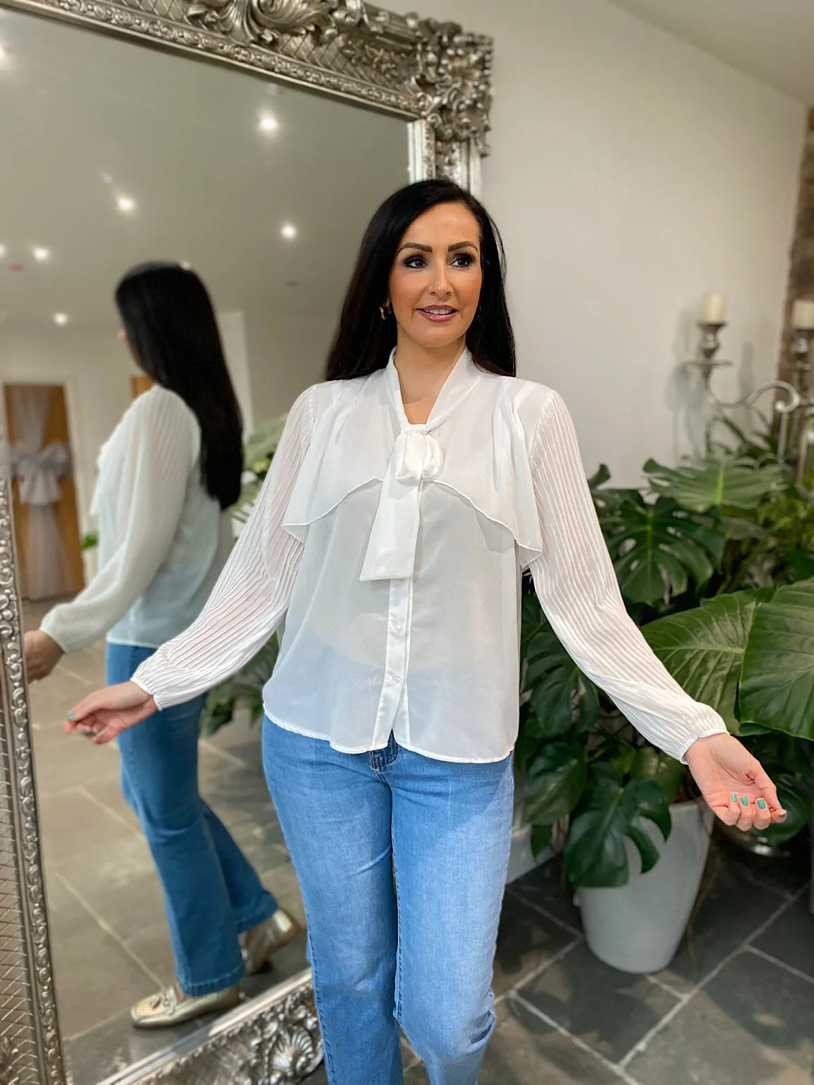 White Pleated Sleeve Blouse Diana