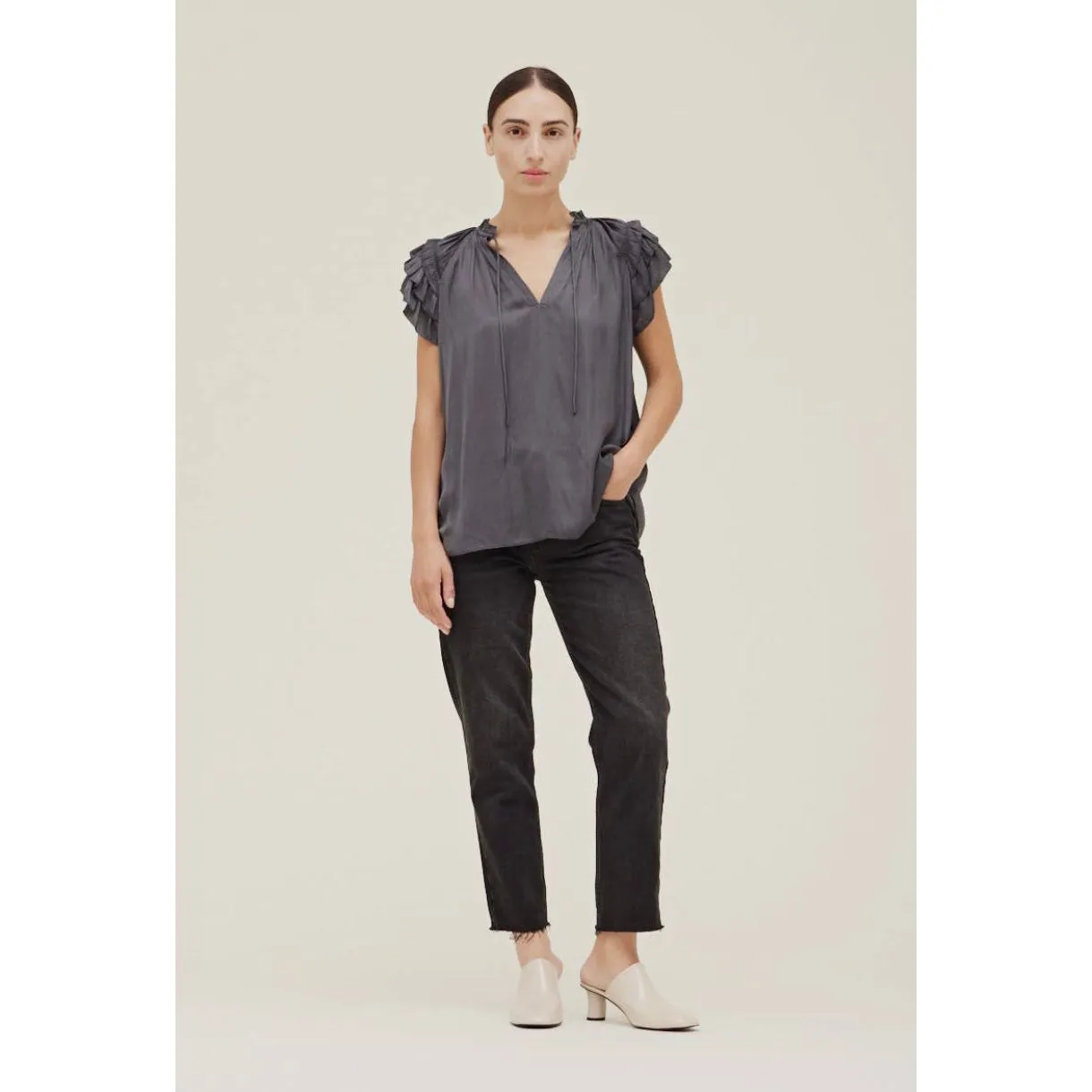 Willa Slate Grey Ruffle Sleeve Blouse Grade and Gather