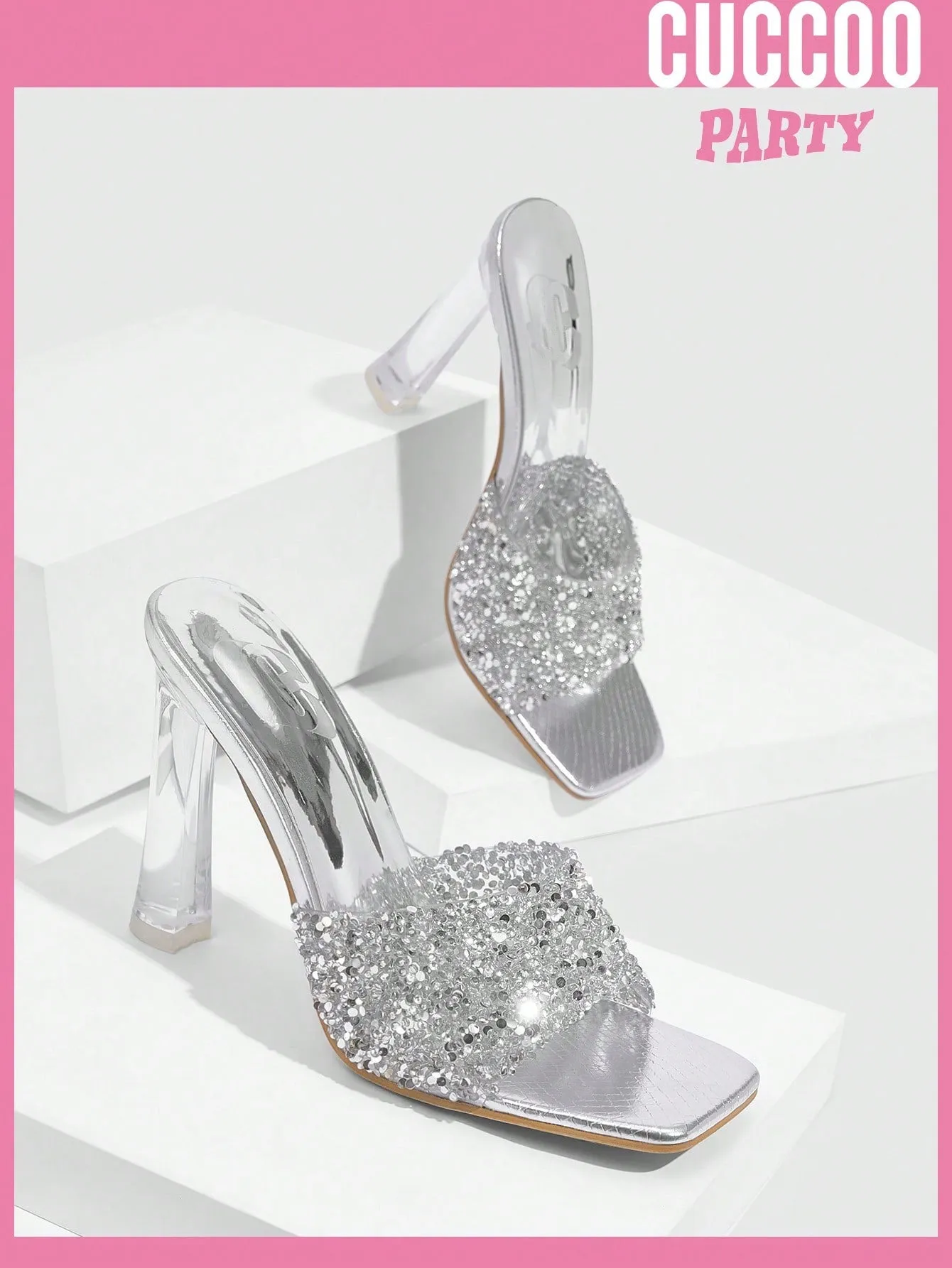 Woman Shoes Fashionable, Sexy, Transparent, Square-Toed Sandals With Glittery High-Heels For Spring And Summer