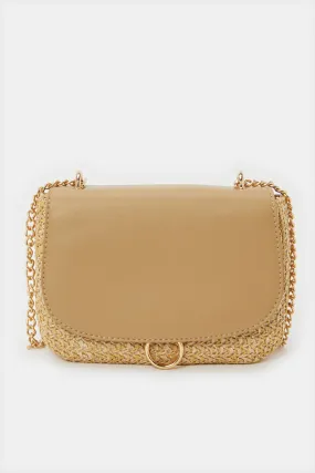 Women Beige Embellished Straw Bag