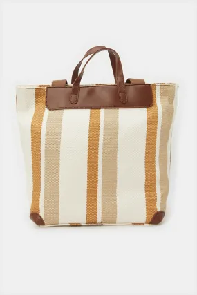 Women Beige Striped Shopper Bag