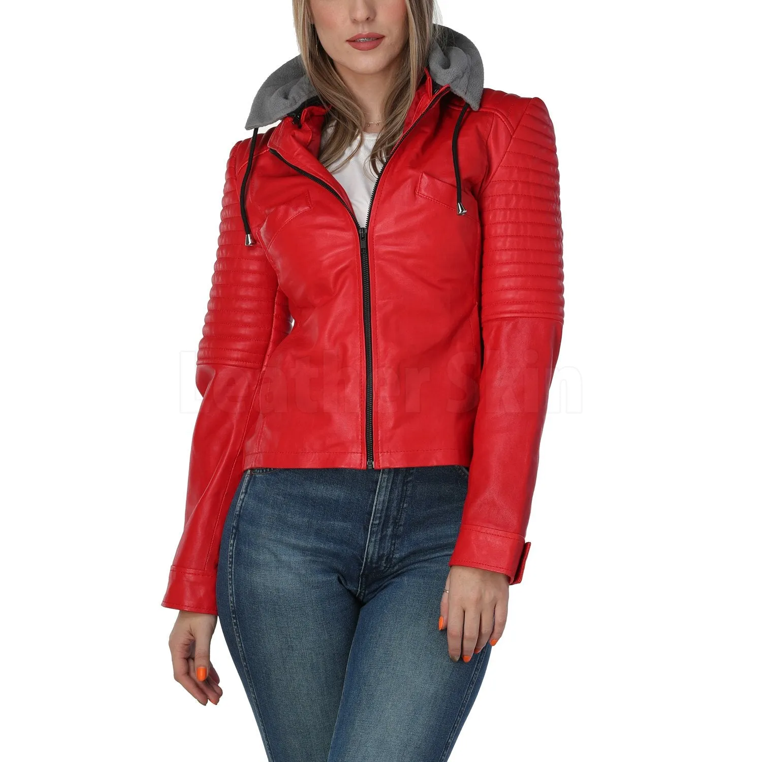 Women Red Leather Jacket with Gray Hood - Leather Skin Shop