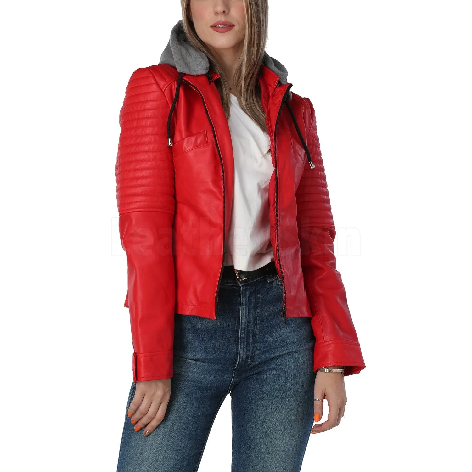 Women Red Leather Jacket with Gray Hood - Leather Skin Shop