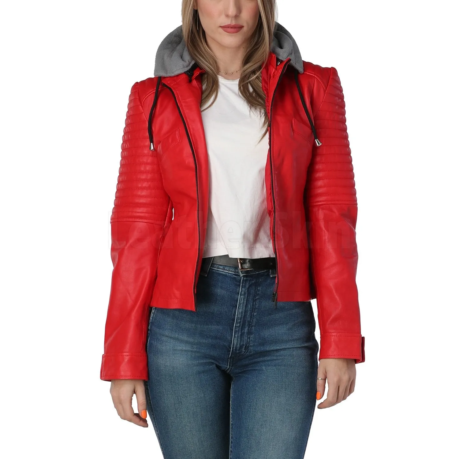 Women Red Leather Jacket with Gray Hood - Leather Skin Shop