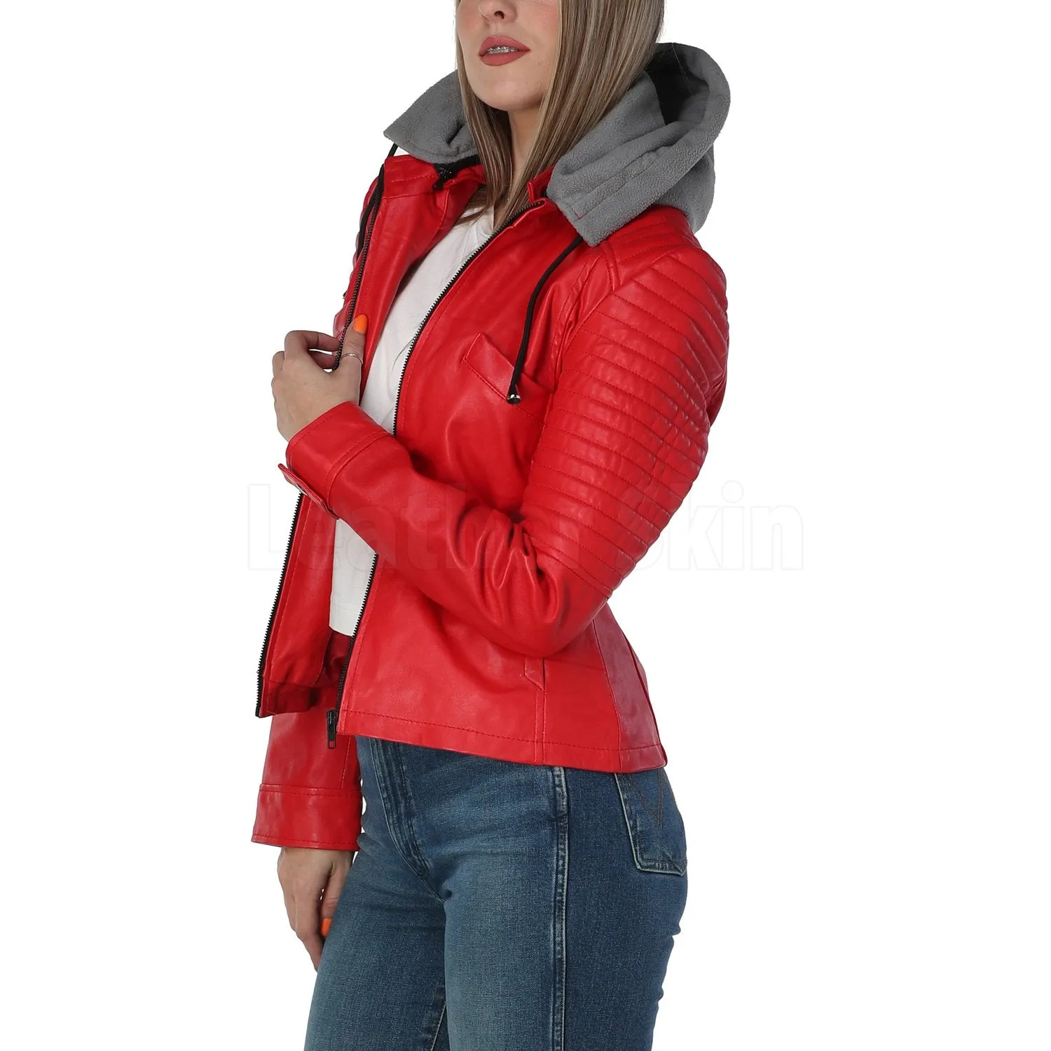 Women Red Leather Jacket with Gray Hood - Leather Skin Shop