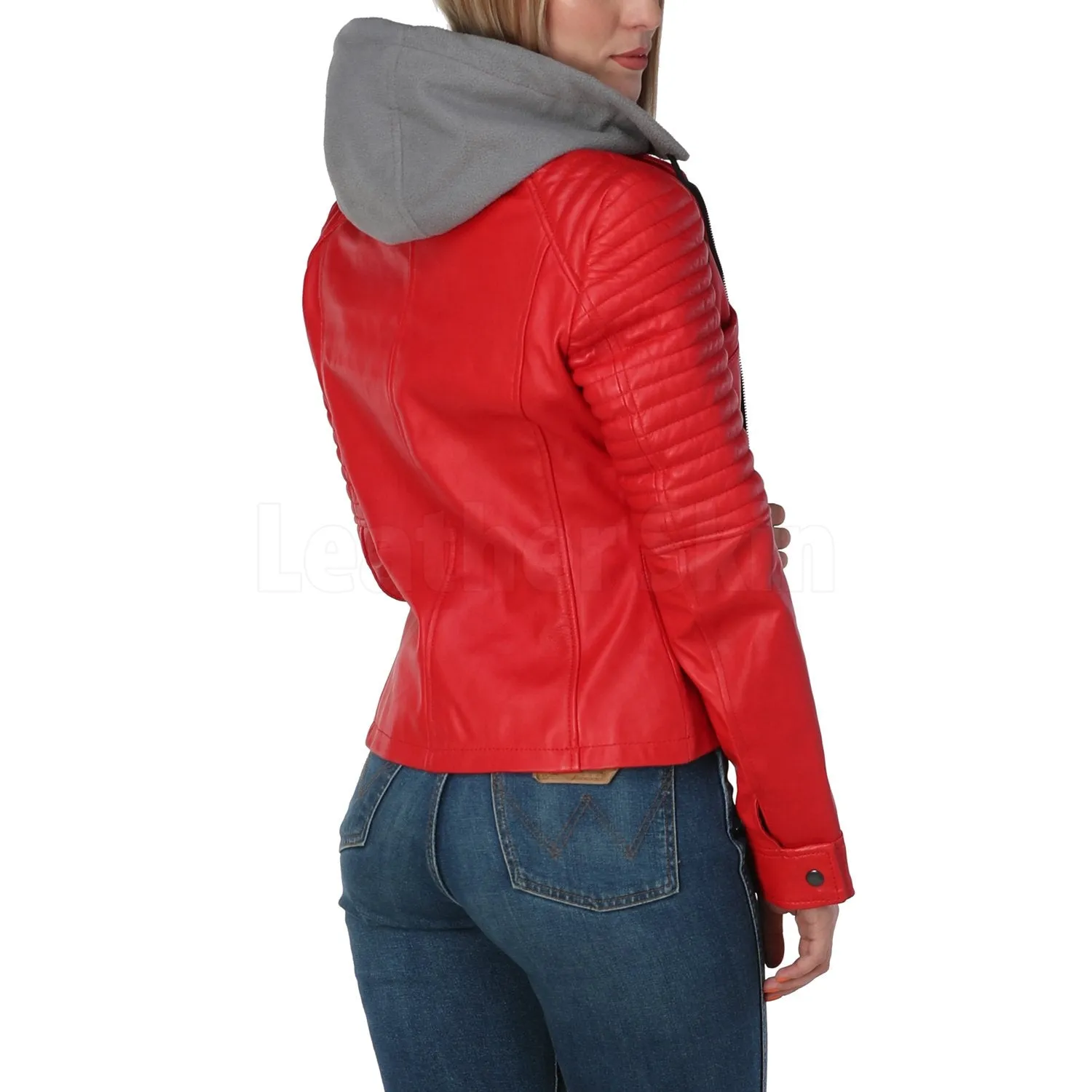 Women Red Leather Jacket with Gray Hood - Leather Skin Shop