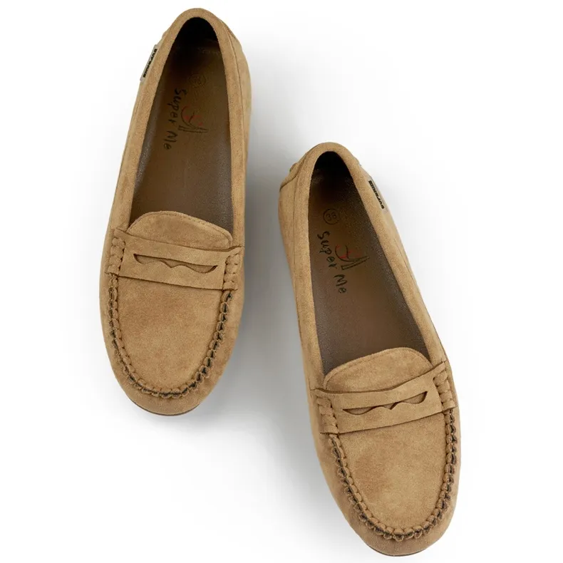 Women's dark beige suede moccasins, comfortable moccasins