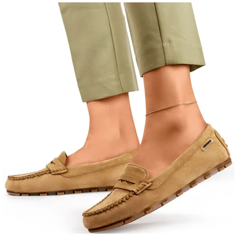 Women's dark beige suede moccasins, comfortable moccasins